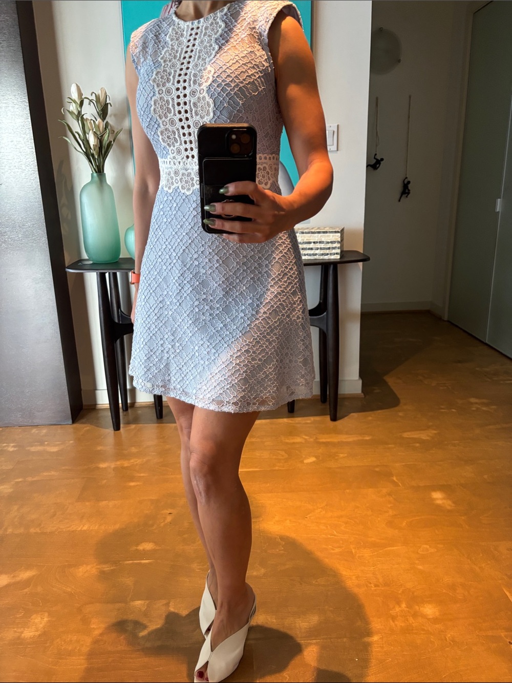 Sandro Light Blue Lace Dress with Cream Trim